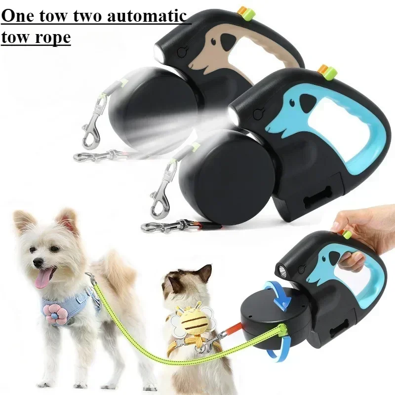 3m Rotating Nylon Pet Leash for 2 Dogs Adjustable Double Rope Leashes with Flashlight Poop Bag Box Pet Traction Rope Retractable 3m Rotating Nylon Pet Leash for 2 Dogs Adjustable Double Rope Leashes with Flashlight Poop Bag Box Pet Traction Rope Retractable
