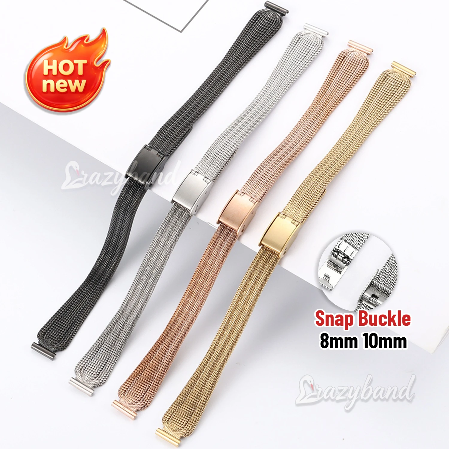 Ultra-Thin Mesh Milanese Loop Stainless Steel Women's Bracelet Strap with Folding Buckle