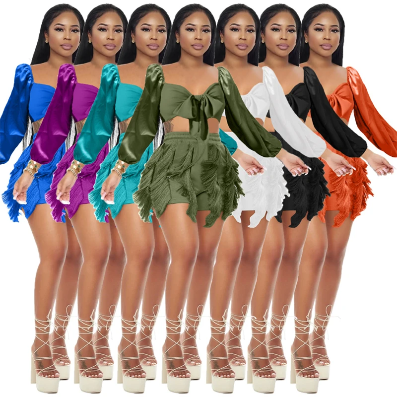 

Adogirl Solid 2 Piece Sets Women Outfits 2022 Autumn Strapless Long Lantern Sleeve Lace Up Blouse Crop Top Tassel Shorts Suit