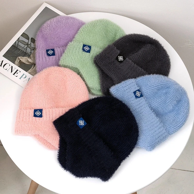 

New Women Candy Colors Earflap Winter Hat Fashion Faux Fur Knitted Hat Kpop Style Soft Beanie Hats Female Streetwear Cap