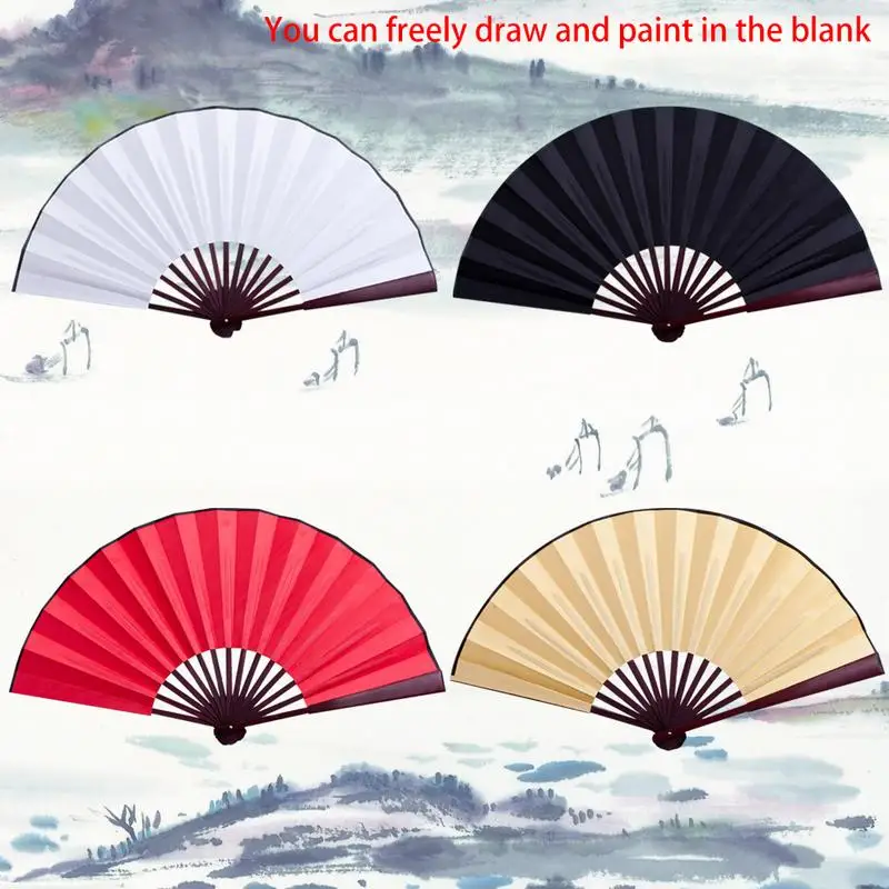 

10 Inch Silk Cloth Blank Chinese Folding Fan Wooden Bamboo Antiquity Solid Color Fan For Free Form Calligraphy Painting