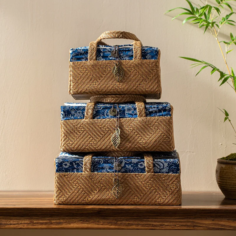 Blue Floral Rattan Tea Travel Bag Set - Portable Storage for 1 Teapot & 2/4/6 Cups, Chinese Style Tea Ceremony Organizer