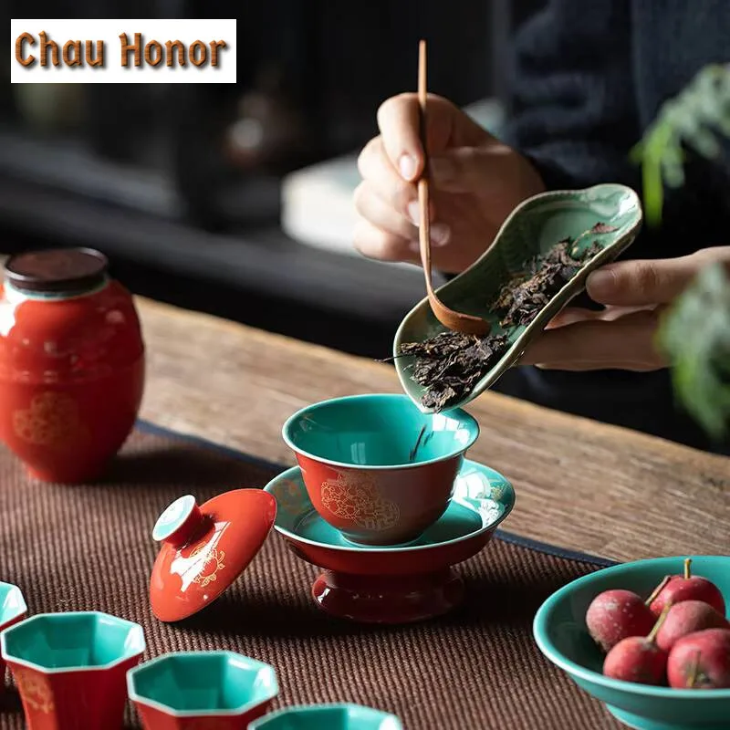 90ml Japanese Style Red Glaze Hot Stamping Hydrangea Ceramic Sancai Covered Bowl Tea Cup Household Kung Fu Teaset Drinkware Gift