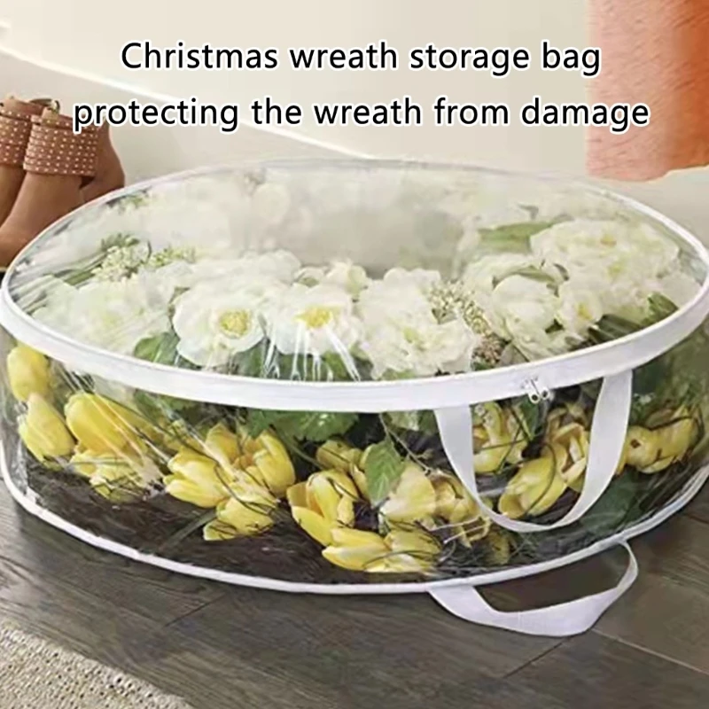 Christmas Wreath Storage Container Zippered Clear PVC Protective Case for Holiday Garlands Seasonal Decoration Bag