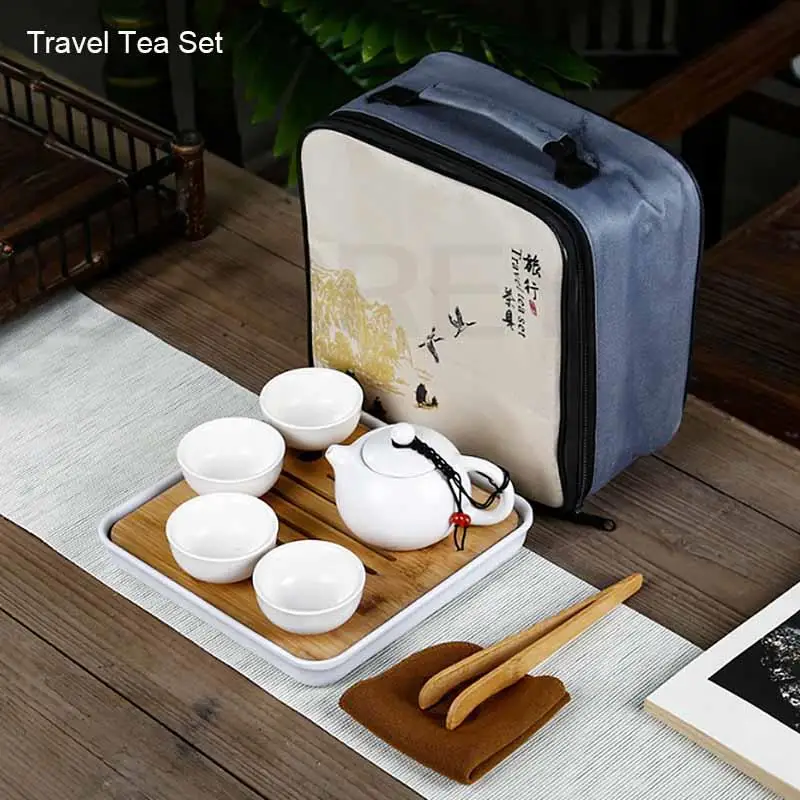 BORREY Portable Travel Tea Set Ceramic Teapot Cup With Bamboo Tea Tray Towel Clip Chinese Kung Fu Set Puer Oolong Teapot