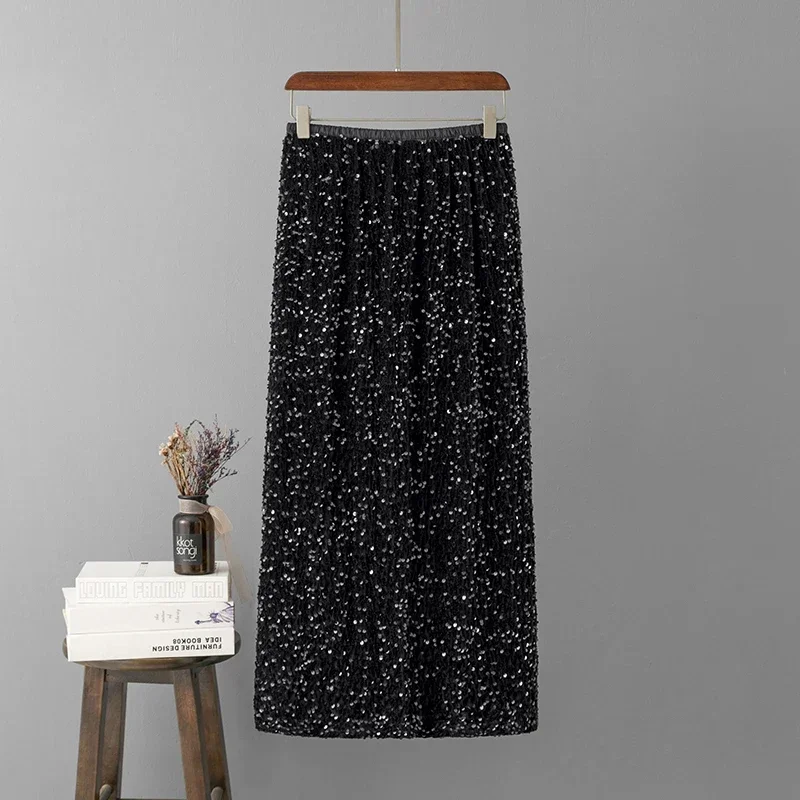 

2024 Fashion Heavy Industry Sequin Long Skirt Women New Spring Back Split Straight Long Skirts Female Hip A-line Skirt Elegant