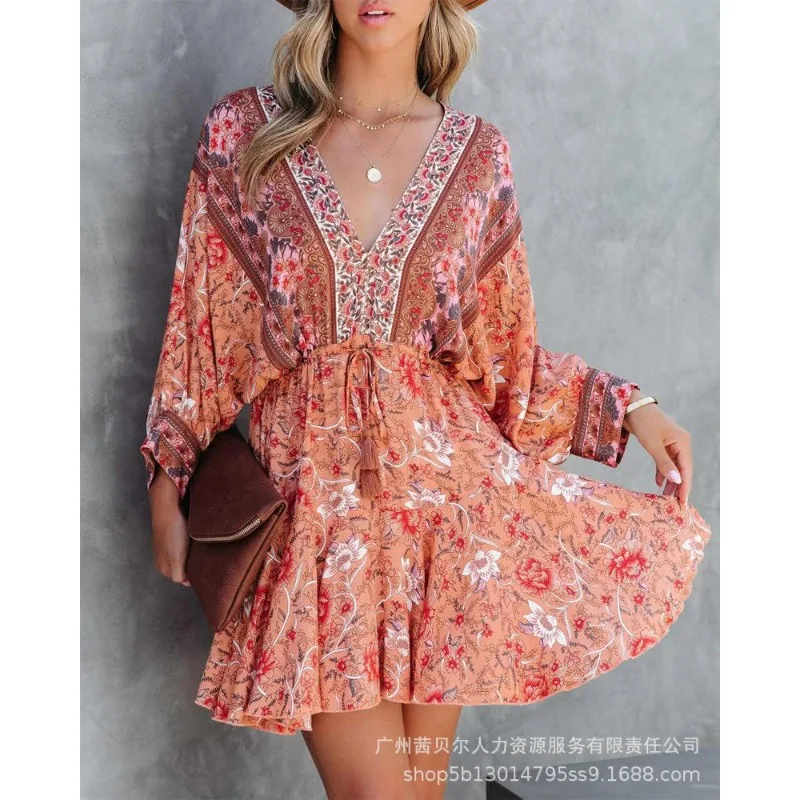 

Wepbel Long Sleeve High Waist Slim Fits A-line Dress V-neck Floral Mini Dress Women Summer Open Back Sexy Casual Bohe Dress
