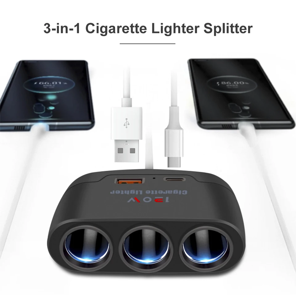 cigarette lighter plug to usb c 3 Way Car Cigarette Lighter Socket Splitter USB C Fast Charger Power  Adapter QC