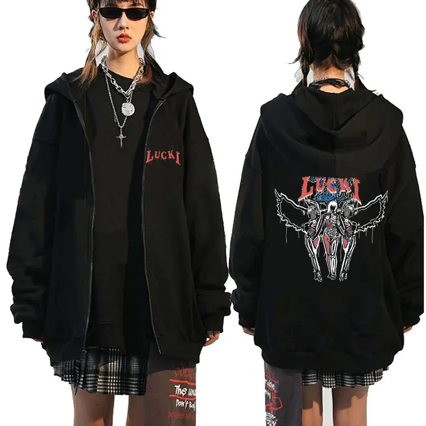 

Rapper Lucki Faith Print Zipper Hoodie Male Casual Loose Sweatshirt Man Vintage Street Coat Men Hip Hop Oversized Zip Up Jacket