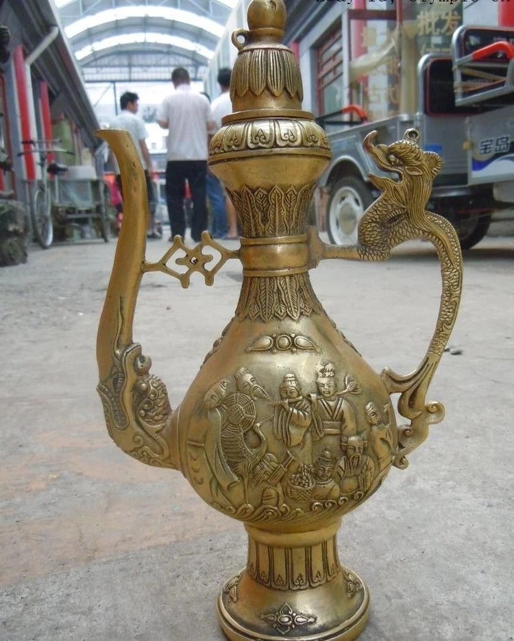 

China brass copper carved eight immortal dragon flagon Sculpture statue
