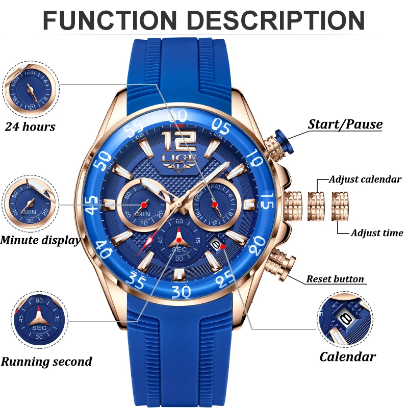 LIGE New Fashion Watches For Men Top Brand Luxury Waterproof Silicone Watch Men Casual Chronograph Quartz Men Watch Montre Homme