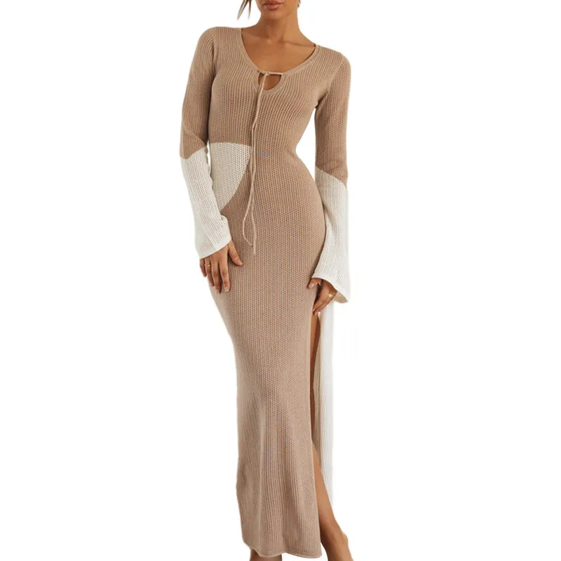 

Women Knit Sweater Long Dress Evening Party Spring Autumn Clothes Contrast Color Tie-Up V-Neck Long Sleeve Thigh Slit Slim Dress