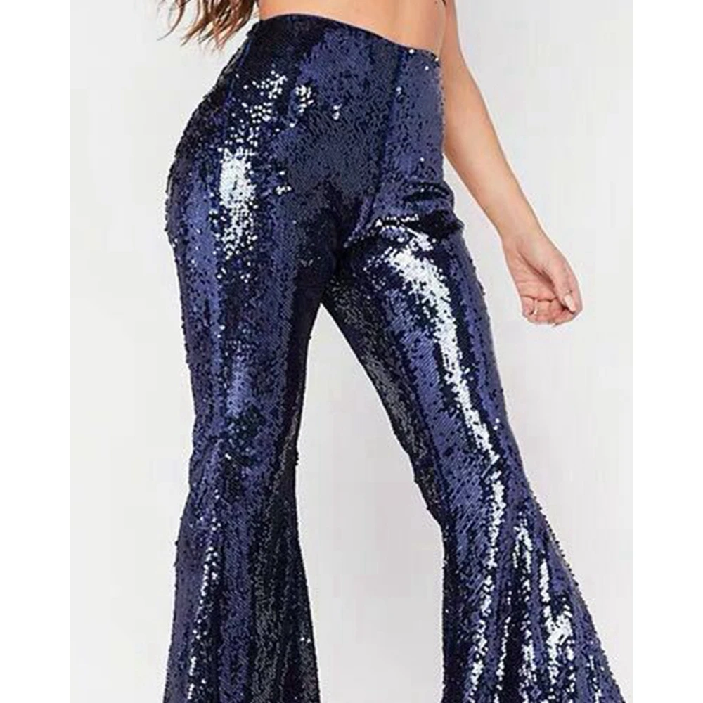 Women Zipper Fly Sequins Design Flared Pants High Waist Ball Party Skinny Pants Boot Cut Streetwear Nightclub Pants Clothing