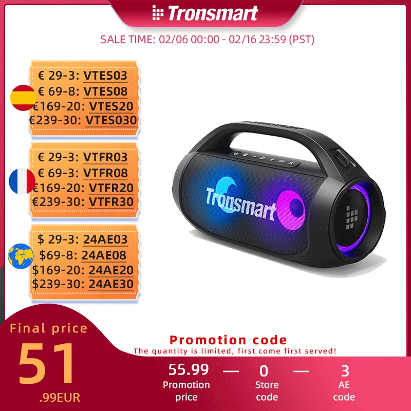 Tronsmart Bang Se Altoparlante Portatile Per Feste Con Bluetooth 5.3, Maniglia Portatile, Tempo Di Riproduzione 24 Ore Su 24, Per Feste, Campeggio