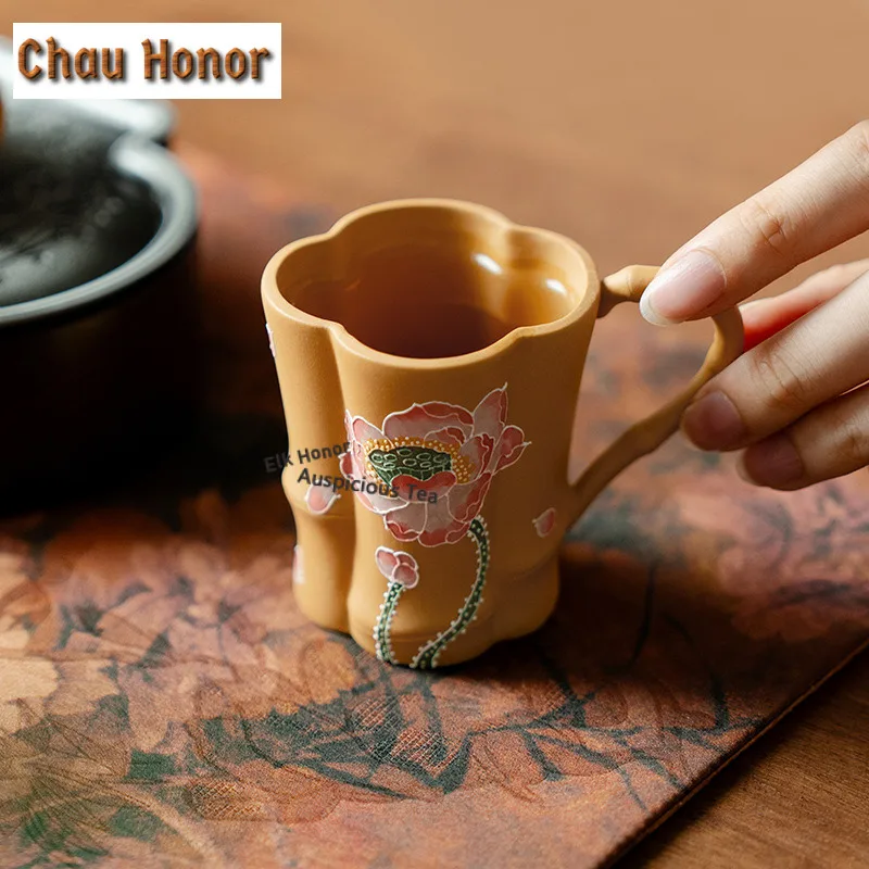 90ml Hand-painted Lotus Flowers Zisha Teacup Tea Bowl Beautiful Handle Cup Tea-tasting Meditation Cup Jianzhan Master Cups Gift