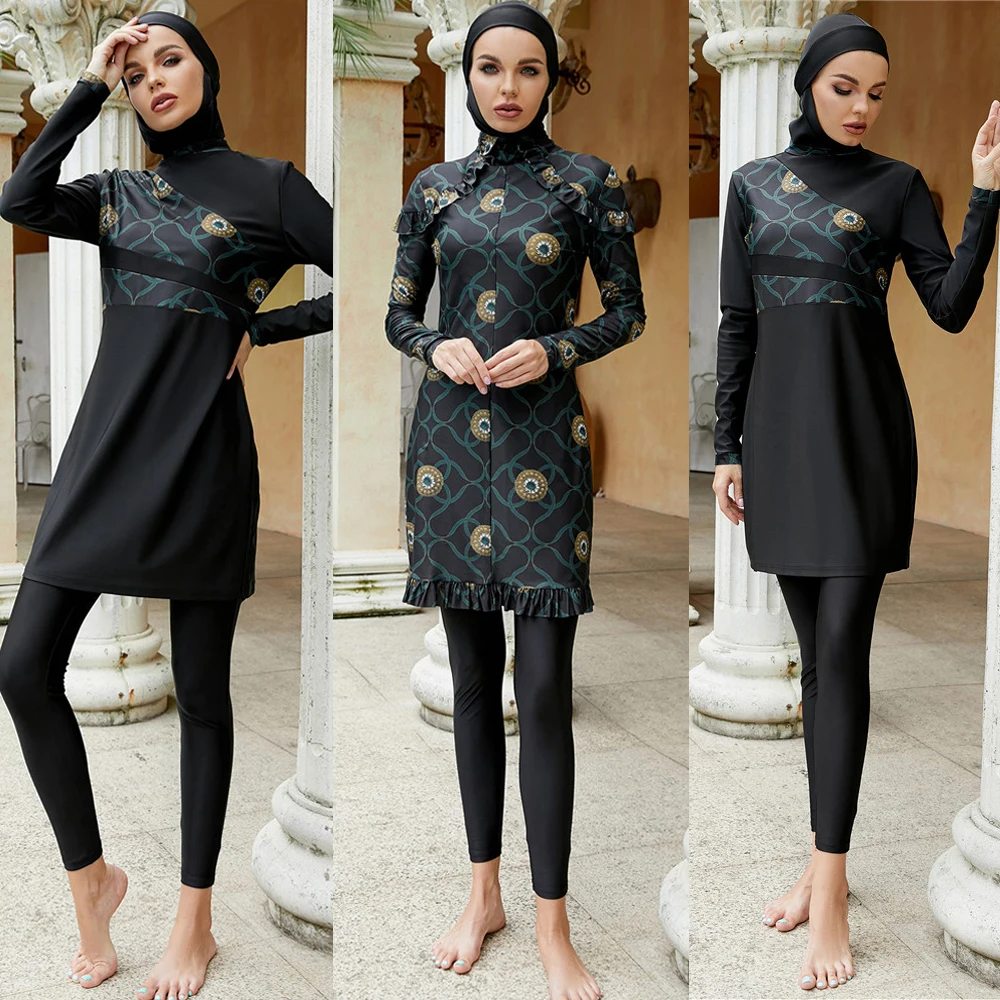 

Новые женские мусульманские купальники, купальник, Burkini Mujer, сдержанный Moslem, Maillot De Bain размера плюс, черное платье с длинным рукавом