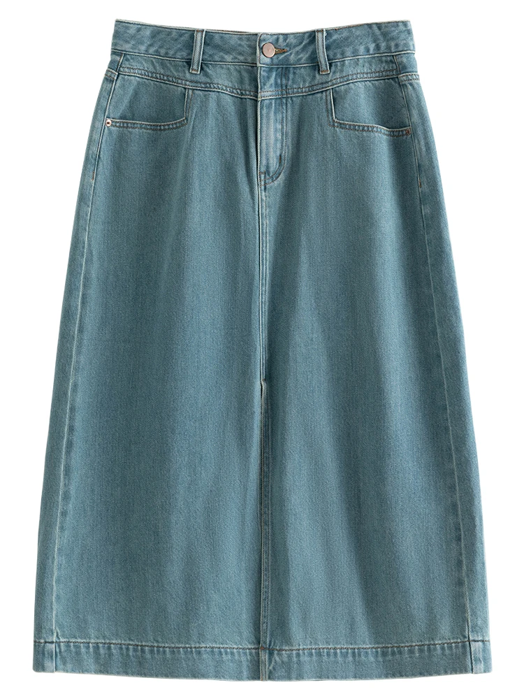 DUSHU High Waisted Retro Denim Skirt 2024 Summer New Washed Mid Length Skirt Commuting A-line Women Skirt 24DS82515