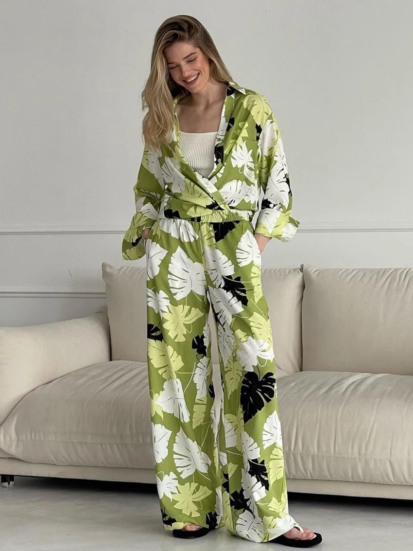 Marthaqiqi Causal Printing Ladies Nightgowns Set Long Sleeve Nightwear Turn-Down Collar Sleepwear Pants Loose Female Pajama Suit