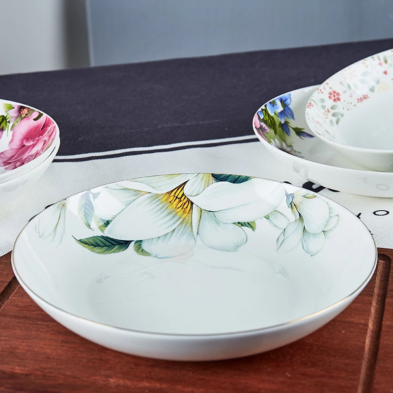 4pcs set, 8inch, bone china dinner plate, camellia design ceramic plates dinner set, set plate dish porcelain, dish serve