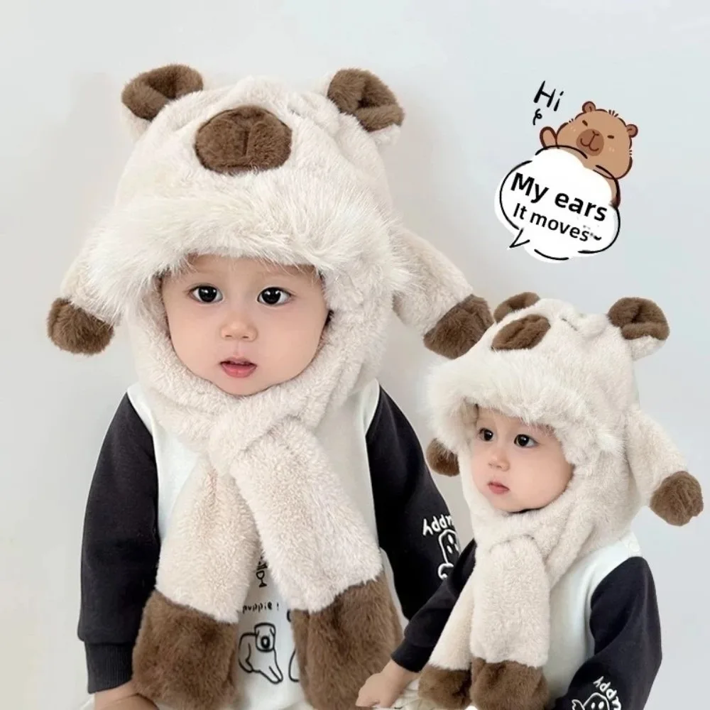 Windproof Kids Ear Protection Hat Movable Ears Soft Plush Hat Scarf Set Thickened Integrated Children's Pullover Cap Boys/girls
