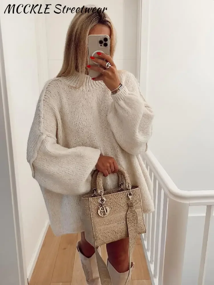 

Elegant Sweater Women Loose Long Lantern Sleeve O-neck Female Knitted Pullover 2023 Autumn Thick Solid Casual Street Lady Top