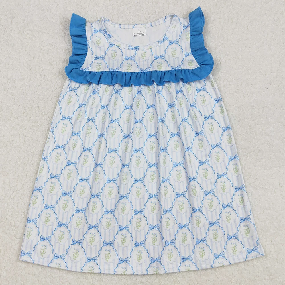 Boutique Baby Girls Dress Blue Bows Flowers Knee Length Dresses Fashion Kids Children Clothes Summer Girls Dresses New