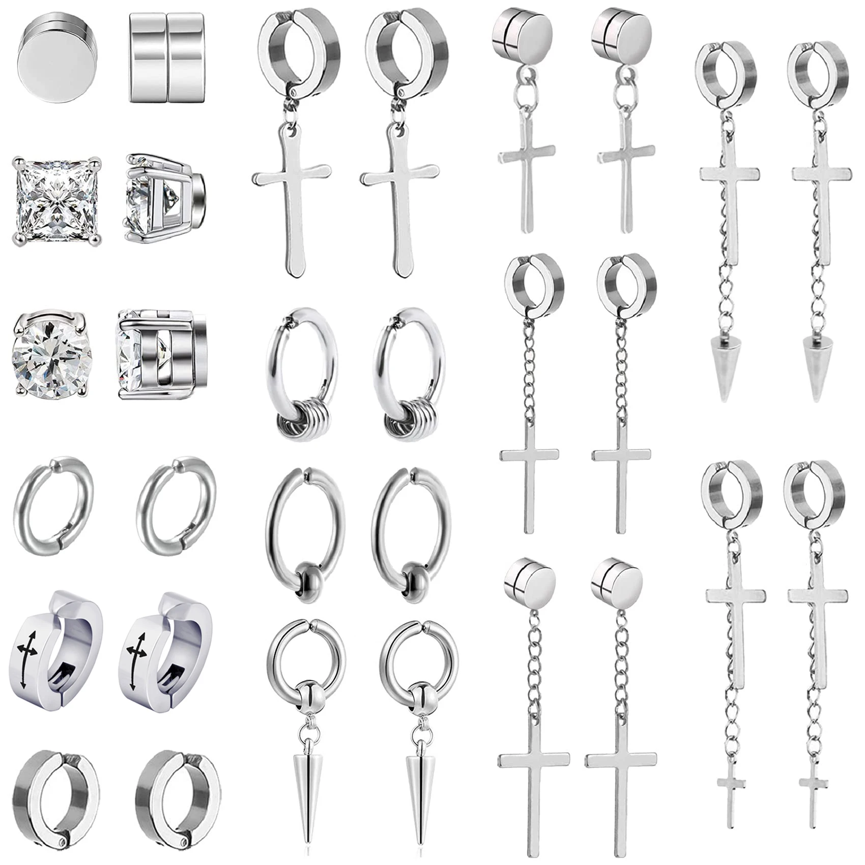 Stainless Steel Chain Cross Round Magnetic Stud Earrings Men - Temu