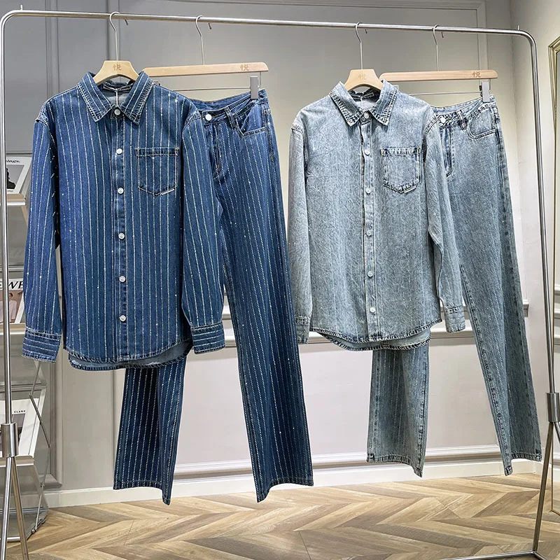

131825 Fashion Classic Trendy Luxury Designer Cloth Women Spring Autumn Rhinestone Denim Shirt Jeans Set