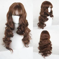 Perruque synthétique longue ondulée marron avec frange pour femmes, perruque de Cosplay Lolita moelleuse naturelle résistante à la chaleur pour fête quotidienne 1