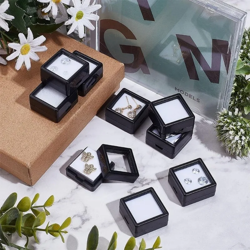 Black Gemstone Display Box 1.14x1.14x0.63inch Loose Jewelry Show Container with Clear Glass Top Lids for Gems 16 Pack