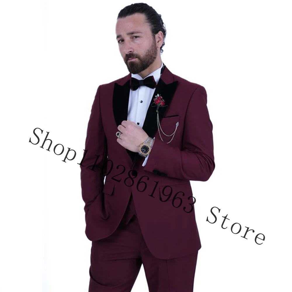 Burgundy Men's Slim Fit 3 Pieces Suit Formal Best Men Wedding Tuxedos Groom Wear Jacket Vest Pants Costume Homme Mariage