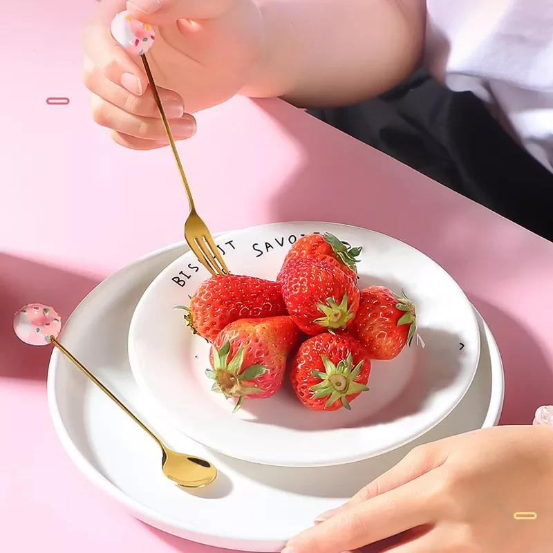 

Donut Cute Stainless Steel Doughnut Dessert Spoon Fork Coffee Ice Cream Candy Kitchen Flatware Baby Kids Dinnerware Teaspoon