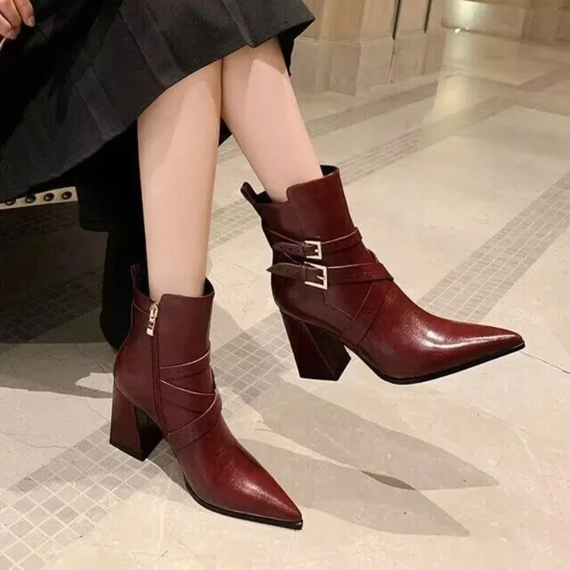 

Brand Chelsea Boots 2023 Winter Women's Ankle Boots Double Buckle Zip Women Shoes Sexy Pointed Thin High Heels Western Lady Shoe