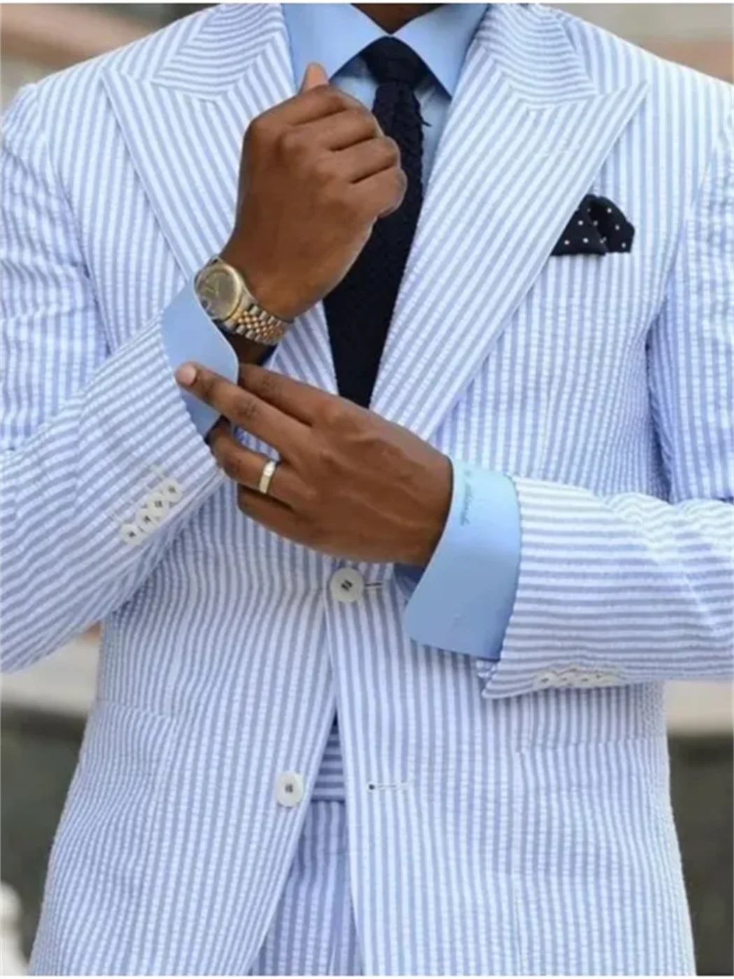 2 Pieces  Casual Men Suits Seersucker Stripe Outfits Custom Wedding Groom Tuxedo Costume Homme Peaked Lapel Jacket+Pants 2