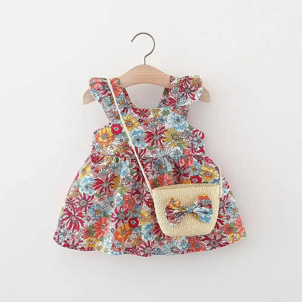 Summer Girls Sweet Two Piece Set With Crossbody Bag Floral Princess Dress Baby Cute Fly Sleeve Cotton Skirts Kids Birthday Party
