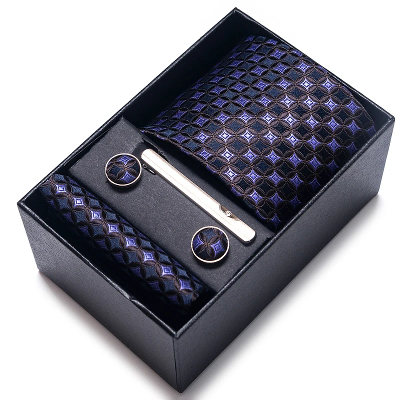 Silk Brand Tie Handkerchief Cufflink Set For Men Necktie Holiday Gift Box Blue Gold Suit Accessories Slim Wedding Gravatas