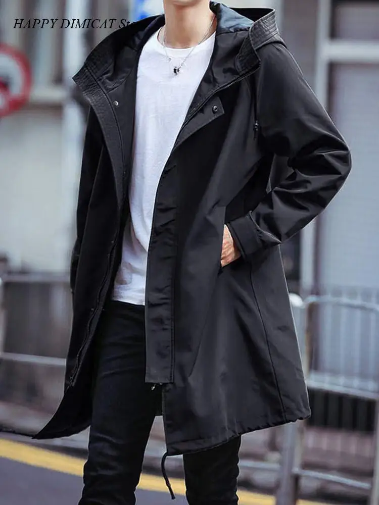 

Men Fashion Hooded Windbreaker Spring Autumn Long Trench Coat Black Overcoat Casual Jackets Big Size 6XL 7XL 8XL