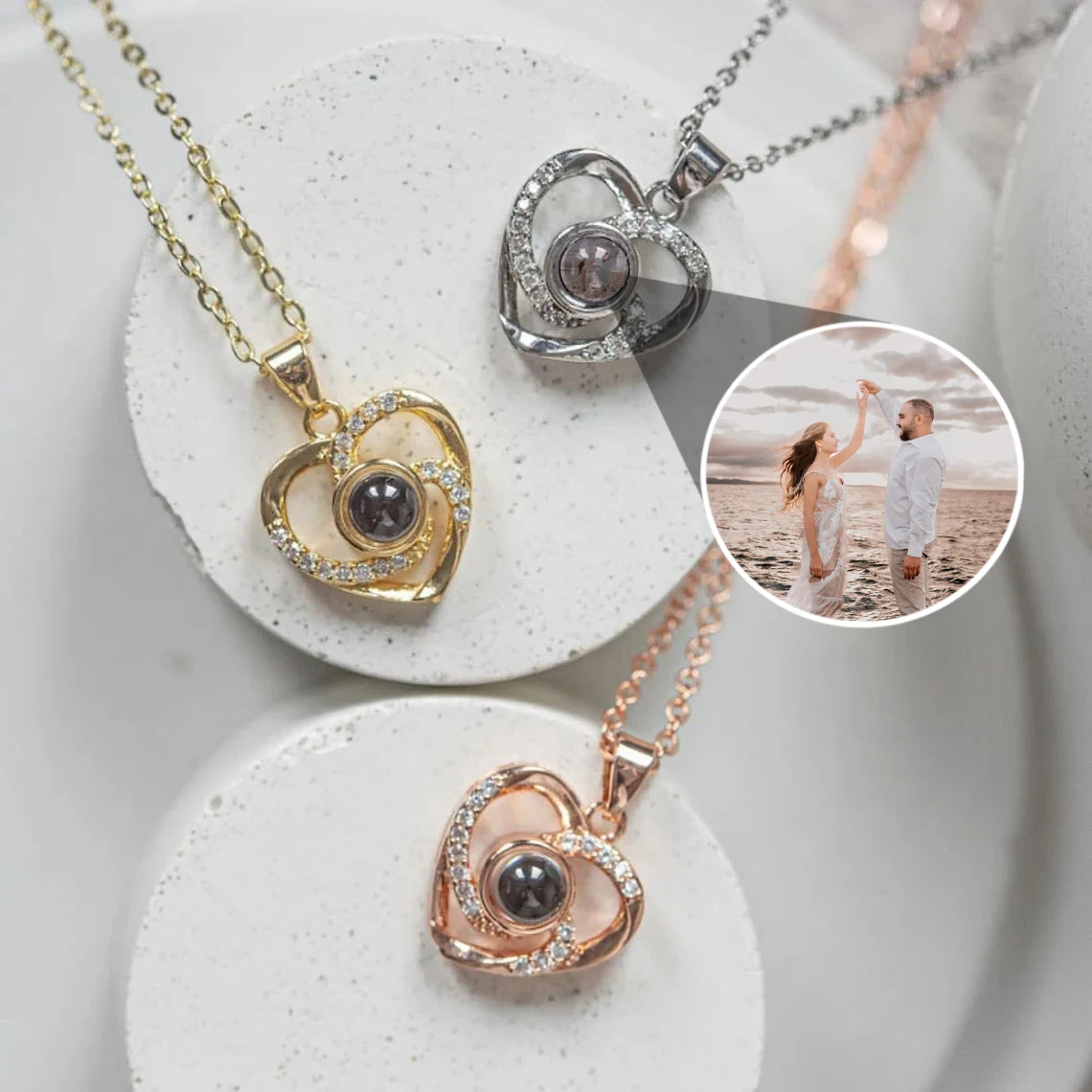 Custom Projection Necklace Heart Pendant Circle Photo Projection