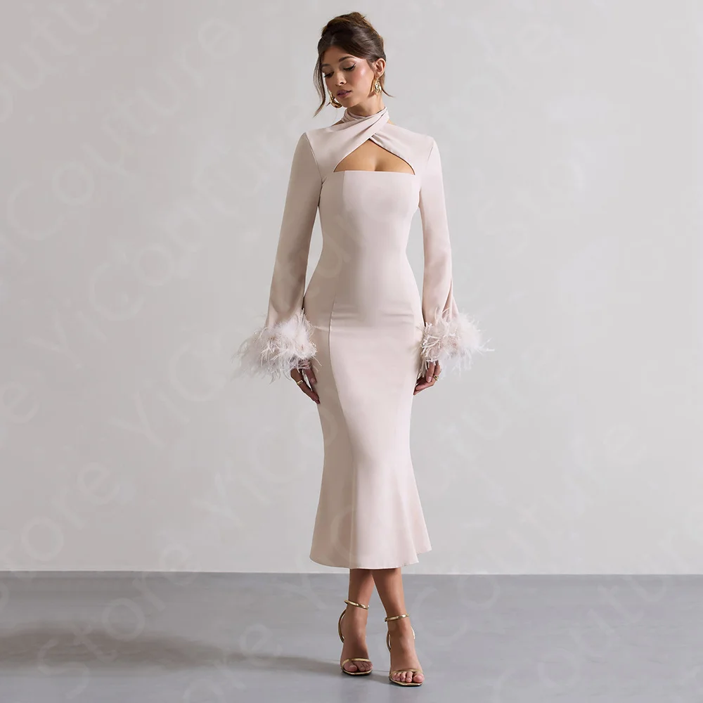 Cocktail Party Dresses Halter Neck Homecoming Gowns Long Sleeves Pageant Dresses Mermaid Feathers
