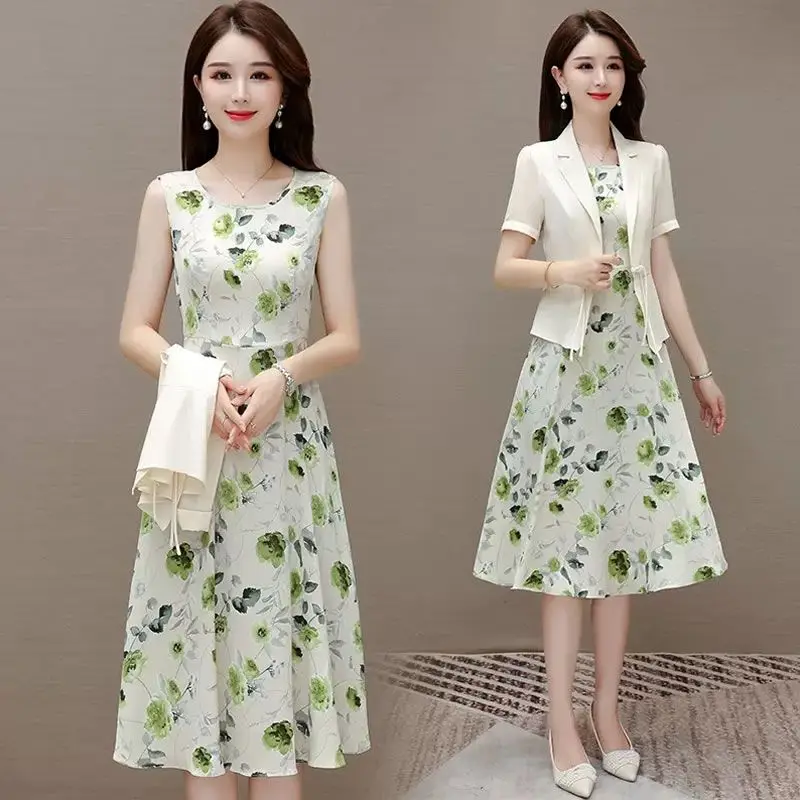

Women's Solid Color Suit Jacket+chiffon Printed Skirt Two-piece 2024 Autumn New Korea Casual Fashion Professional Skirt Set L21