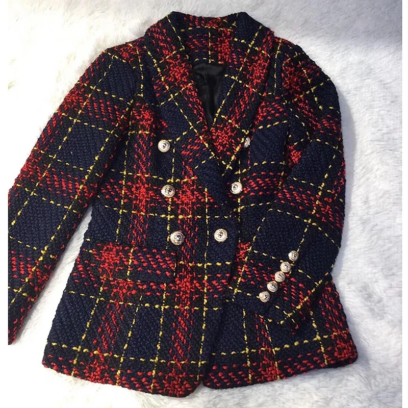 

2023 HIGH QUALITY New Stylish Designer Women's Double Breasted Lion Metal Buttons Plaid Tweed Wool Blazer Outer Coat