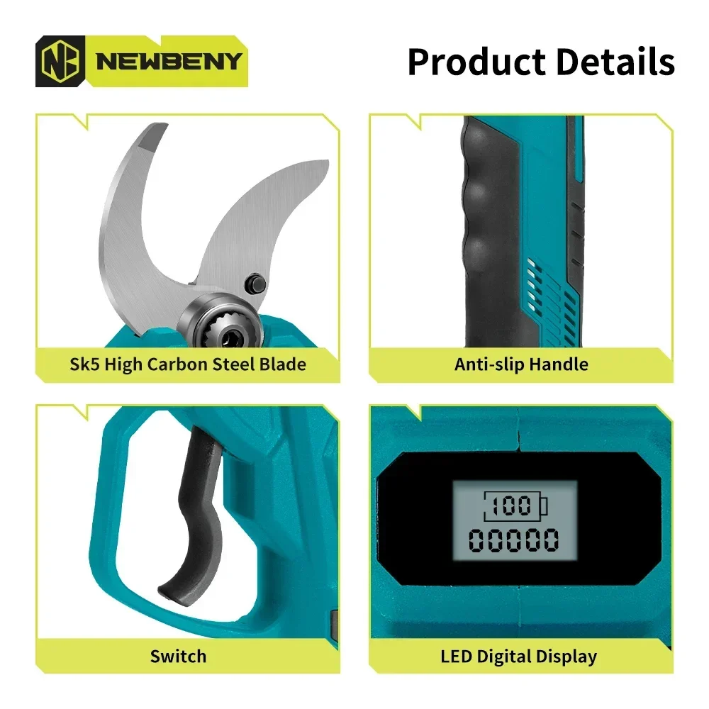 NEWBENY Brushless 45mm Electric Pruning Shear 4Gear Cordless Electric Scissors Tree Branches Garden Tools For Makita 18V Battery 4