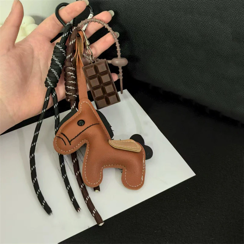 Cute Leather Pony Keychain Ornament Charm Braided Nylon Rope Backpack Pendant For Bag Keychain Accessories Decoration