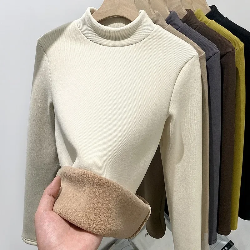 

Thicken Half Turtleneck Tops Women Winter Plush Velvet Lined Warm T Shirt Long Sleeve Bottom Blusas Korean Slim Fleece Camisetas