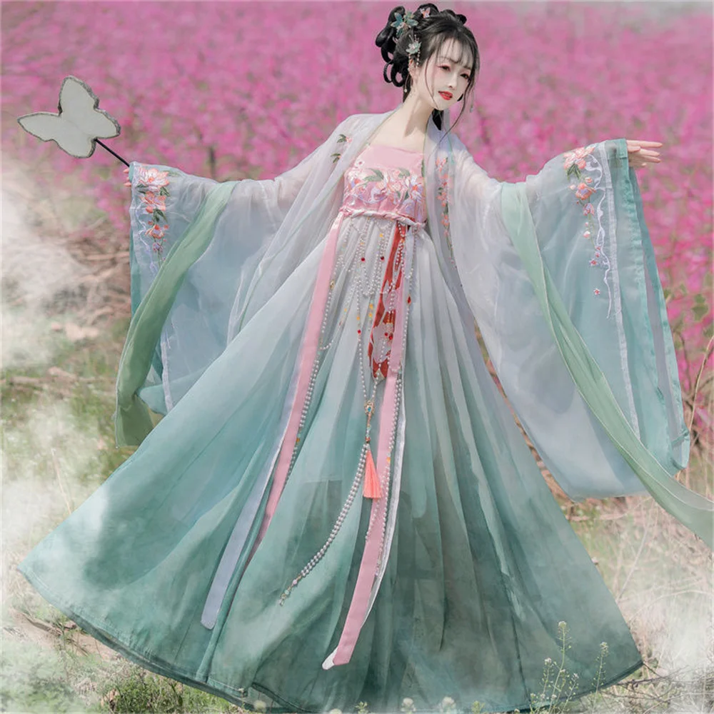 

Blue Luxury female Hanfu high quality embroidery Chinese traditional style Tang Dynasty summer big sleeve shirt roadshow