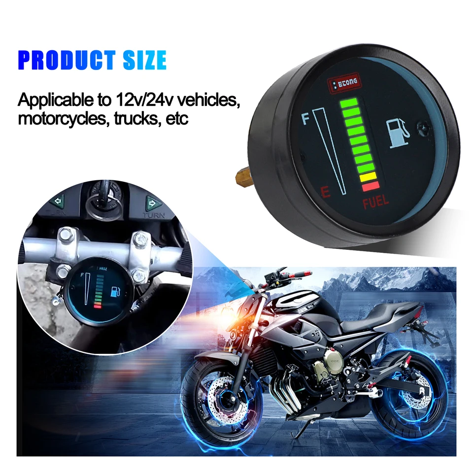 Indicatore Carburante Moto E Auto 12V - 52mm LED Con Resistenza Regolabile