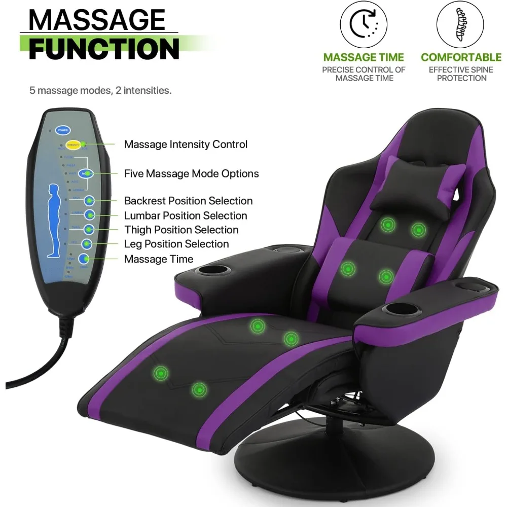 Massage Gaming Recliner Chair，PU Leather Seat Swivel Adjustable Reclining Game Chair with Headrest, Lumbar Support, Footrest 5