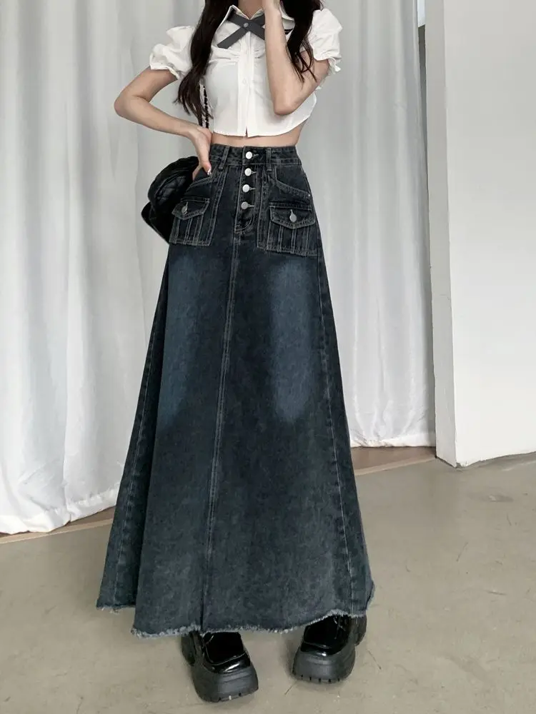 

Denim A-line Skirts Women Maxi Vintage Korean Style Tassel Simple All-match Loose High Waist Faldas Fashion Y2k Clothes Chic New
