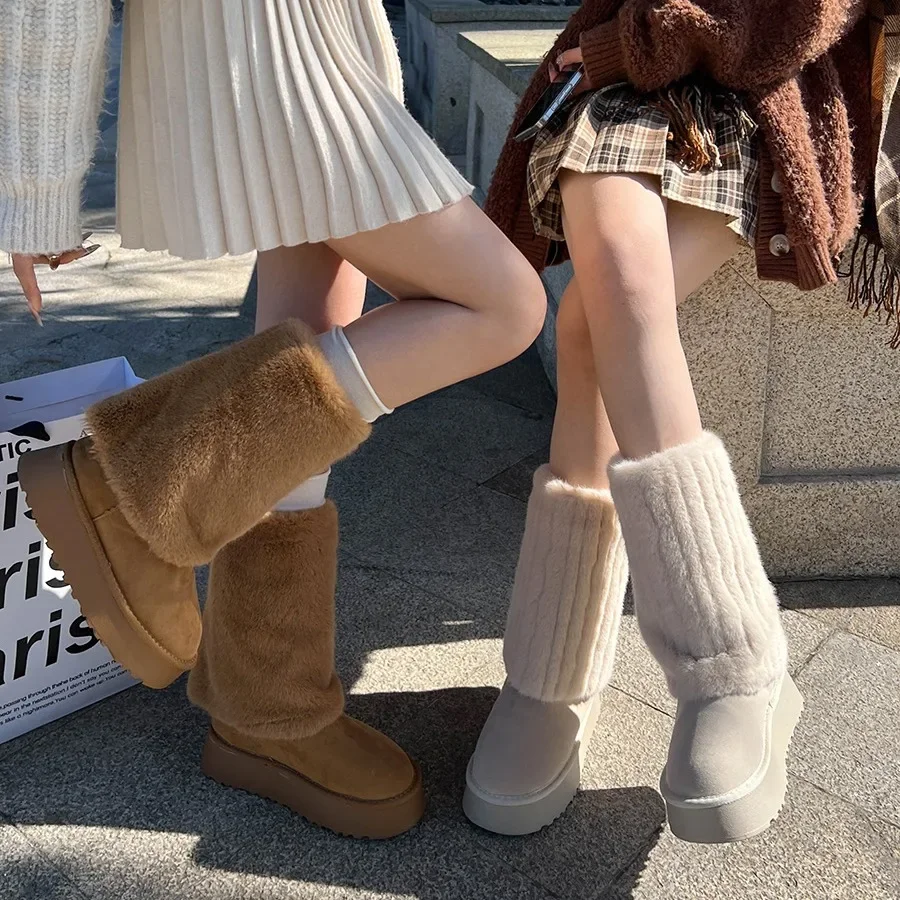 2023 New Brown All-match Warm Non-slip Thick Snow Boots Women's Winter Plus Fleece and Thick Woolen Cotton Shoes platform boots