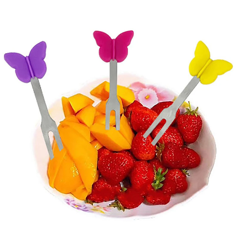 6Pcs/Set Dessert Cake Fork Party Food Picks Stainless Steel Silicone Creative Butterfly Shape Fruit Fork Set
